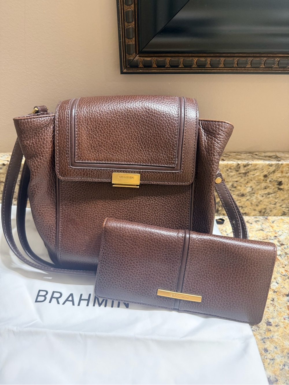 Brahmin Chocolate Brown Pebbled Leather Crossbody with Matching Wallet
